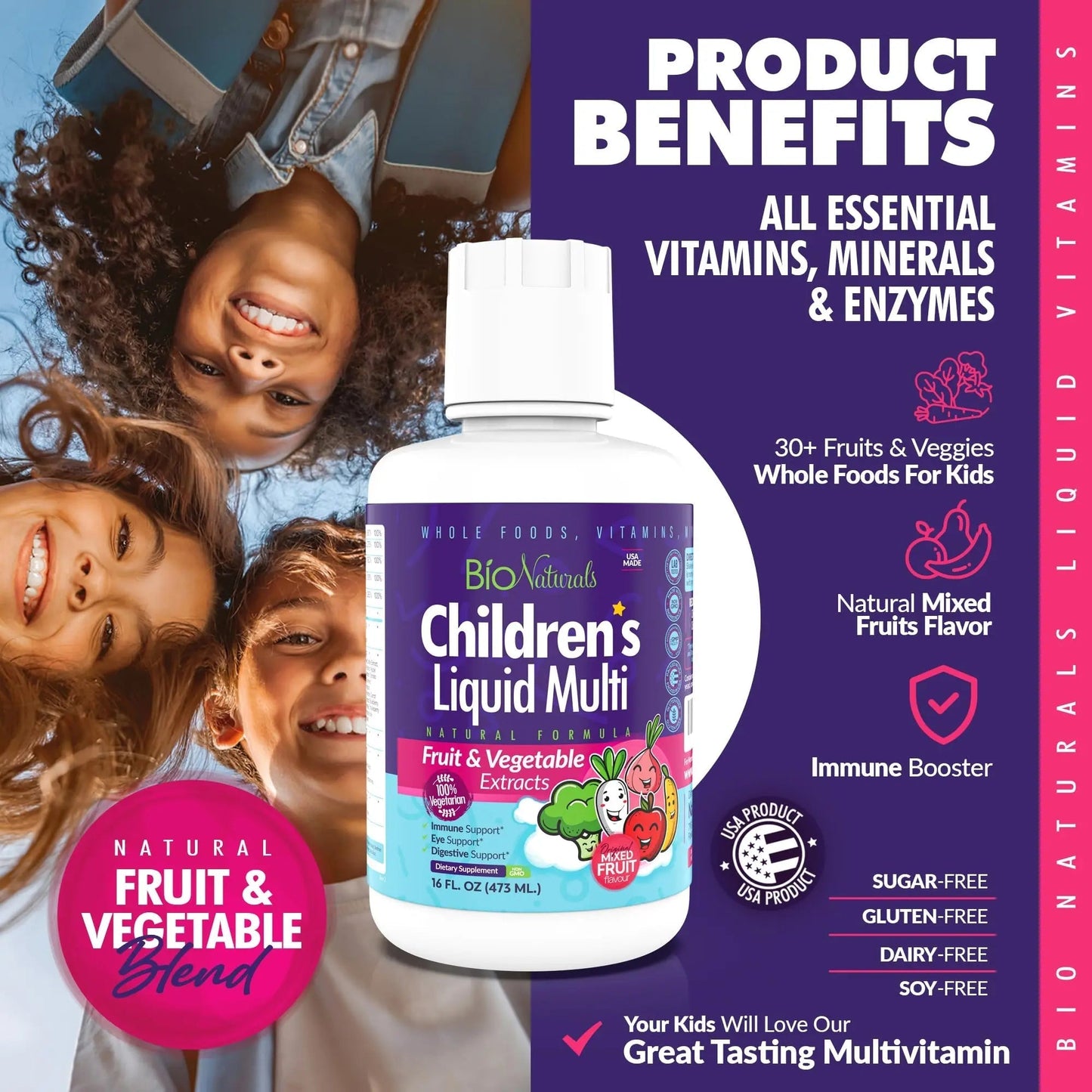Bio Naturals Children's Liquid Multivitamin & Immune Booster - Natural Supplement for Kids & Toddlers with Vitamins A B C D3 E, Fiber - dailyvitalstore