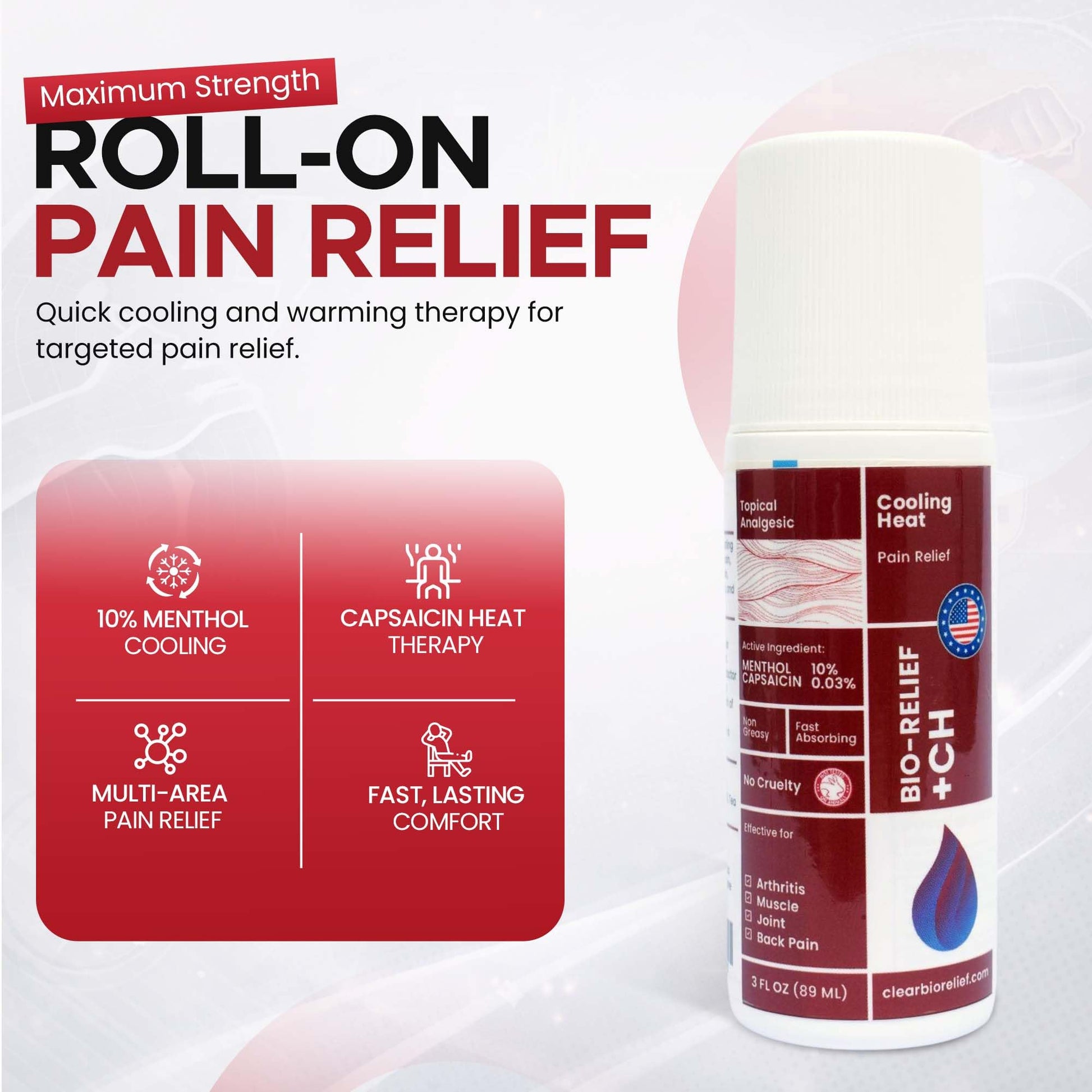 BIO-RELIEF +CH Pain Relief Roll On w 10% Methanol | Highly Effective, Cool & Topical Pain Relief Extra Strength for Arthritis,Muscle,Joint & Back | Easy Roll On Maximum Strength, Made in USA - dailyvitalstore