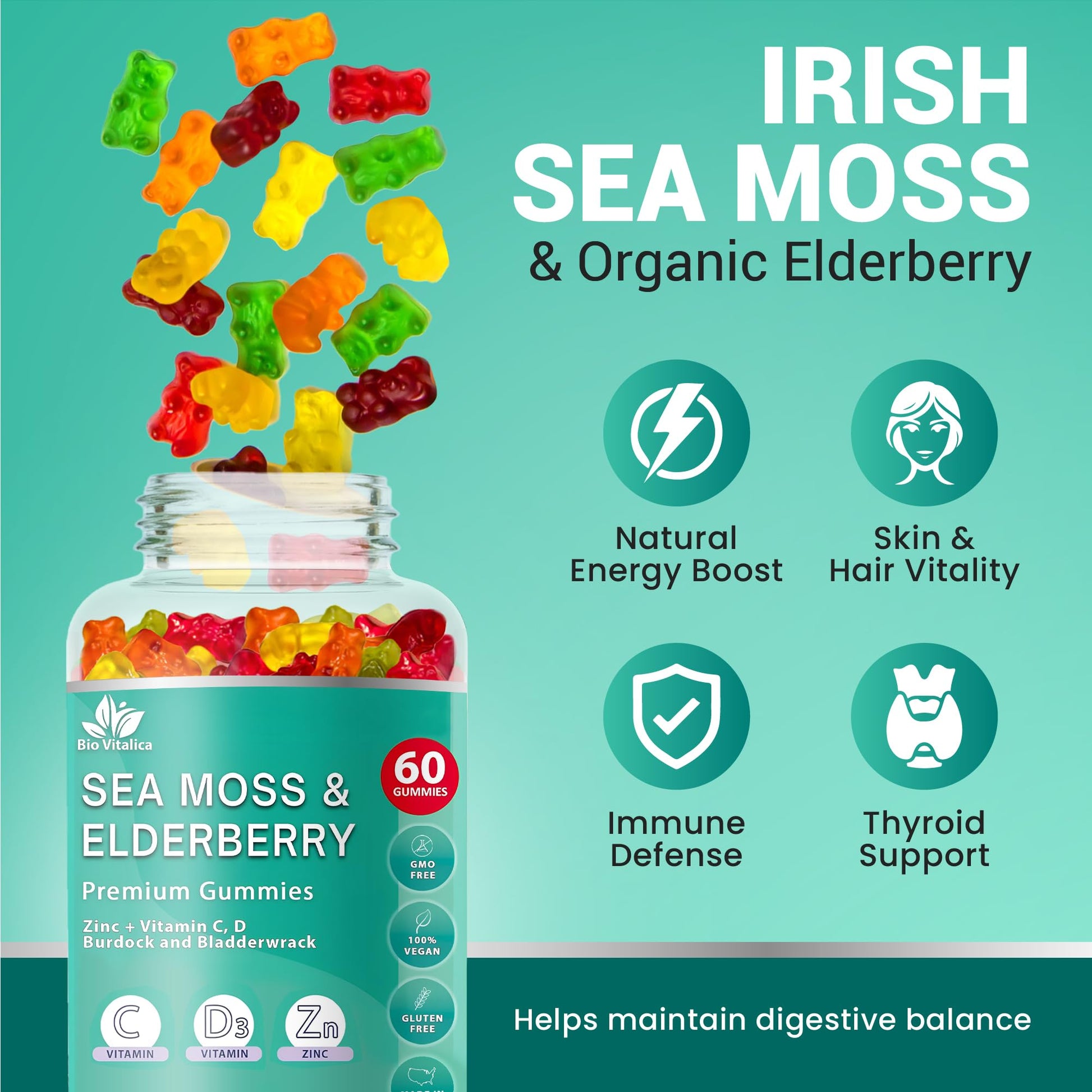 BIO VITALICA Irish Sea Moss Gummies with Elderberry – USA Made Vegan Gummies with Vitamin C, D & Zinc – Immune Support Supplement with Bladderwrack & Burdock Root for Adults & Kids – 3 Packs - dailyvitalstore