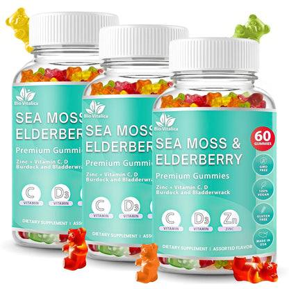 BIO VITALICA Irish Sea Moss Gummies with Elderberry – USA Made Vegan Gummies with Vitamin C, D & Zinc – Immune Support Supplement with Bladderwrack & Burdock Root for Adults & Kids – 3 Packs - dailyvitalstore