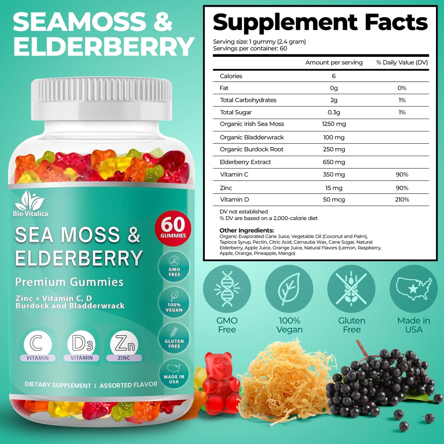 BIO VITALICA Irish Sea Moss Gummies with Elderberry – USA Made Vegan Gummies with Vitamin C, D & Zinc – Immune Support Supplement with Bladderwrack & Burdock Root for Adults & Kids – 3 Packs - dailyvitalstore