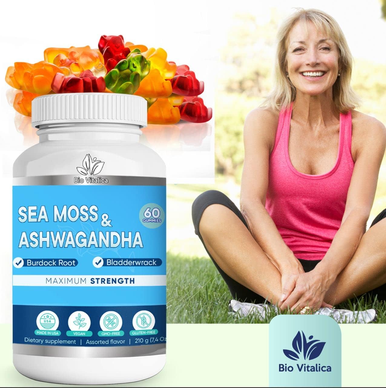 BIO VITALICA Sea Moss Ashwagandha Gummies - Organic Irish Seamoss & Ashwagandha Root Supplements for Supporting Energy for Men & Women, 60 Vegan Gummies - dailyvitalstore