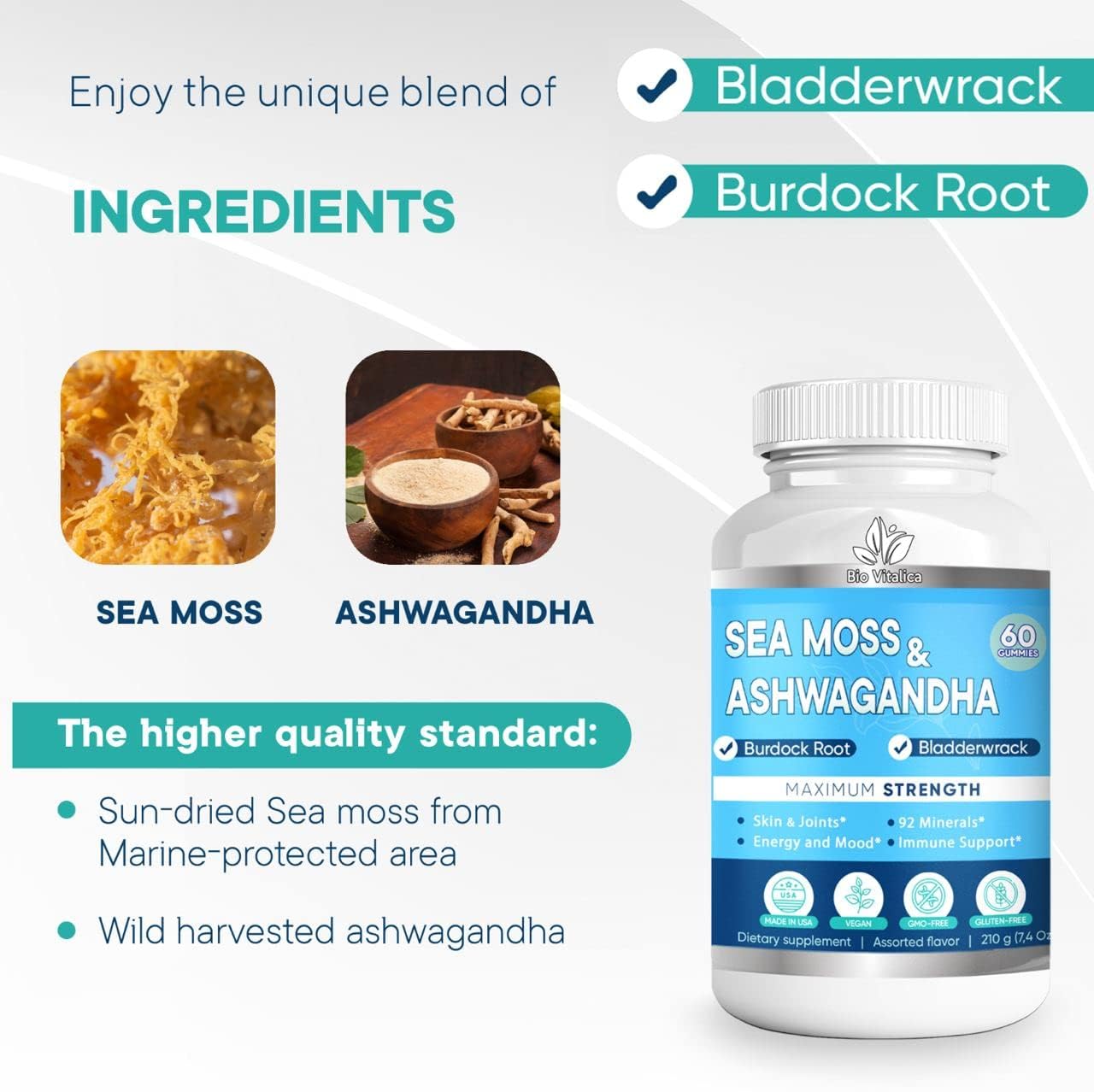 BIO VITALICA Sea Moss Ashwagandha Gummies - Organic Irish Seamoss & Ashwagandha Root Supplements for Supporting Energy for Men & Women, 60 Vegan Gummies - dailyvitalstore