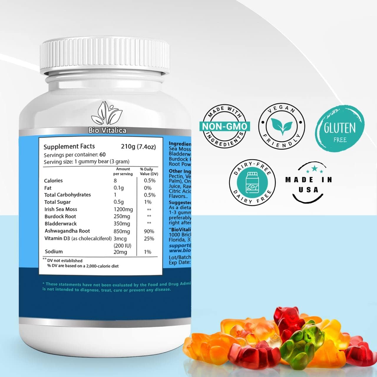 BIO VITALICA Sea Moss Ashwagandha Gummies - Organic Irish Seamoss & Ashwagandha Root Supplements for Supporting Energy for Men & Women, 60 Vegan Gummies - dailyvitalstore