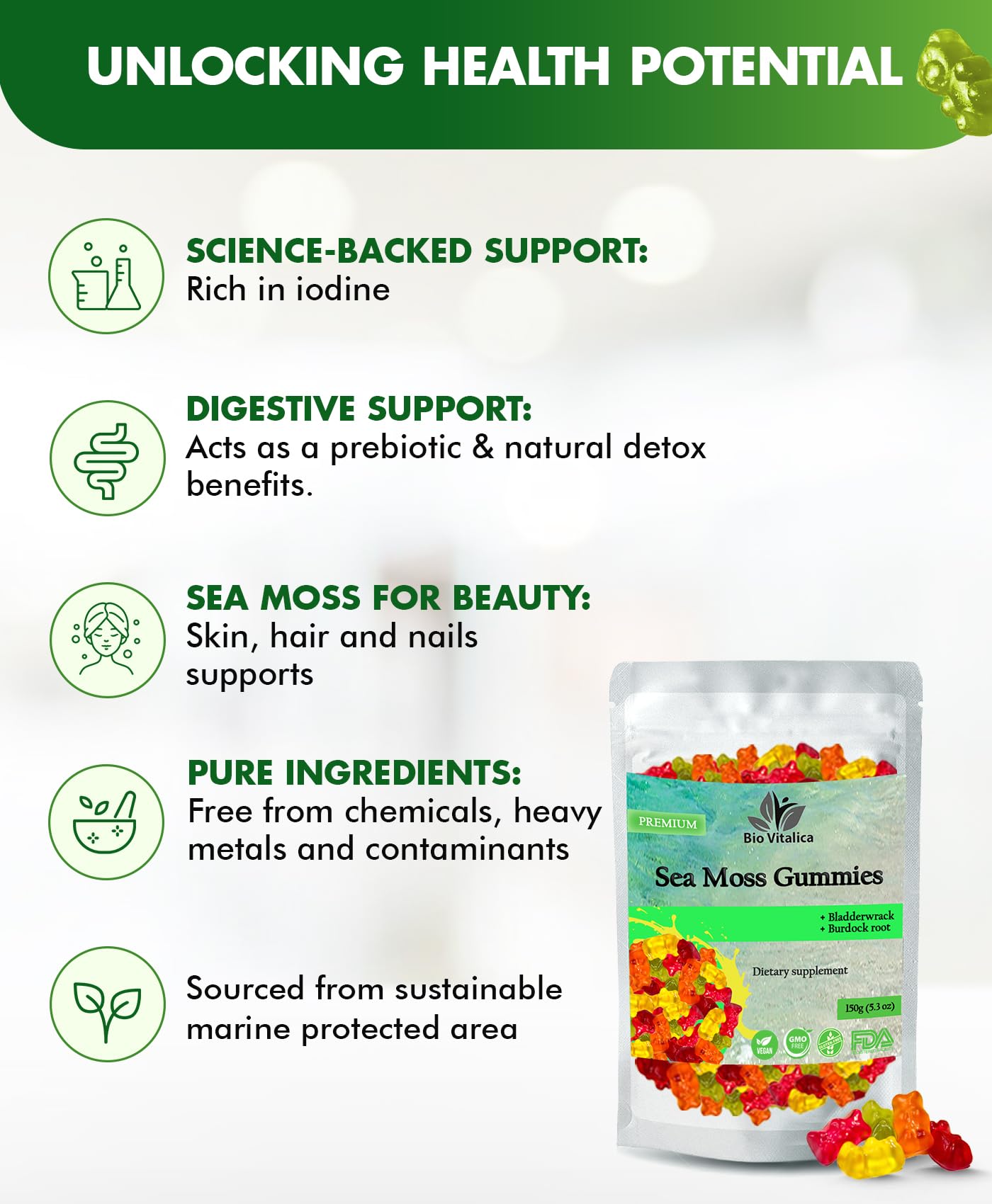 BIO VITALICA Sea Moss Gummies – with Bladderwrack & Burdock Root – Wildcrafted Gel + Powder – Vegan, Keto, Non-GMO, Gluten-Free – Fruity Mineral-Rich Gummies – 50 Count (3 Pack) - dailyvitalstore