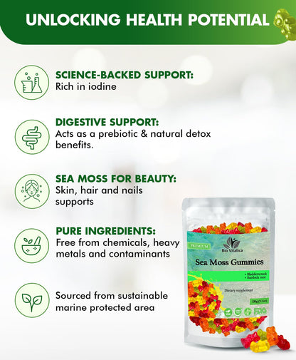 BIO VITALICA Sea Moss Gummies – with Bladderwrack & Burdock Root – Wildcrafted Gel + Powder – Vegan, Keto, Non-GMO, Gluten-Free – Fruity Mineral-Rich Gummies – 50 Count (3 Pack) - dailyvitalstore