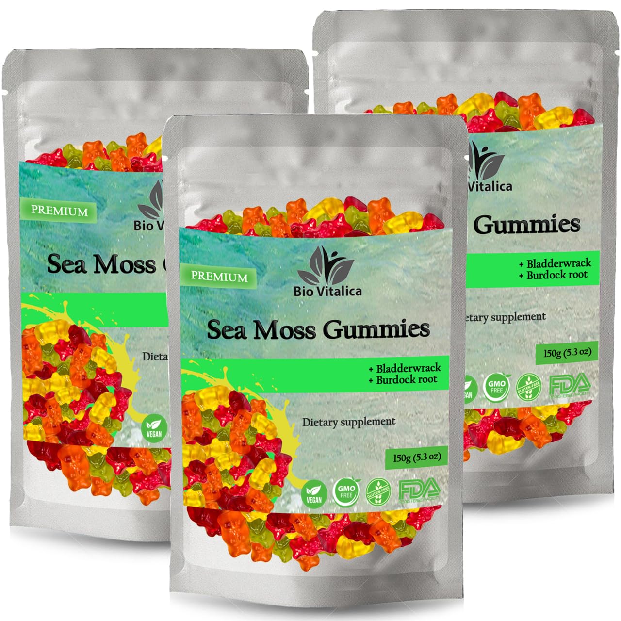 BIO VITALICA Sea Moss Gummies – with Bladderwrack & Burdock Root – Wildcrafted Gel + Powder – Vegan, Keto, Non-GMO, Gluten-Free – Fruity Mineral-Rich Gummies – 50 Count (3 Pack) - dailyvitalstore