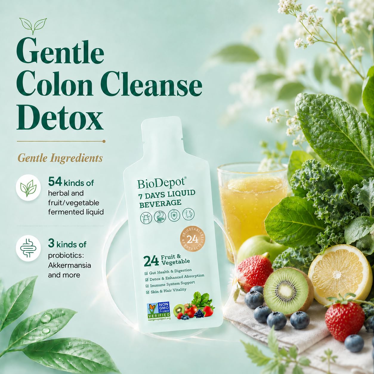 Biodepot 7 Days Colon Cleanse Liquid Beverage Gut Health Detox & Clean for Women & Men, 24 Fruit Vegetable Complex Probiotic Drink for Bowel Movements, - dailyvitalstore