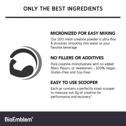 BioEmblem Creatine Monohydrate Powder - Unflavored Micronized Creatine Easily Mixes - Muscle Strength, Workout Recovery, Exercise Performance - dailyvitalstore