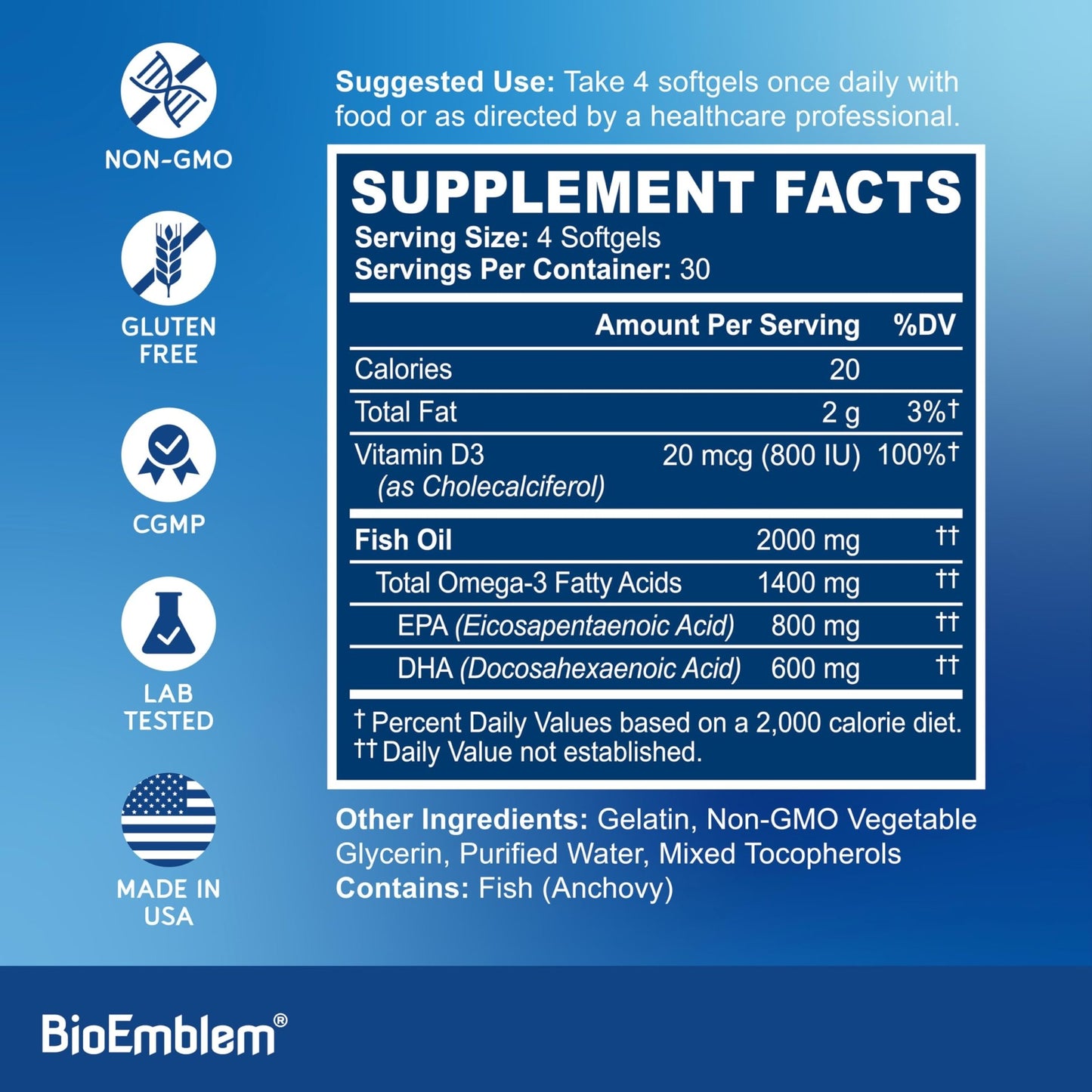 BioEmblem Omega-3 Fish Oil 2000mg - Small Size Softgels, High Absorption Form, Sustainable - 1400mg EPA &DHA Plus Vitamin D3, Non-GMO, Heart, Joint, & Brain Health Fish Oil Supplement, 120 Ct - dailyvitalstore