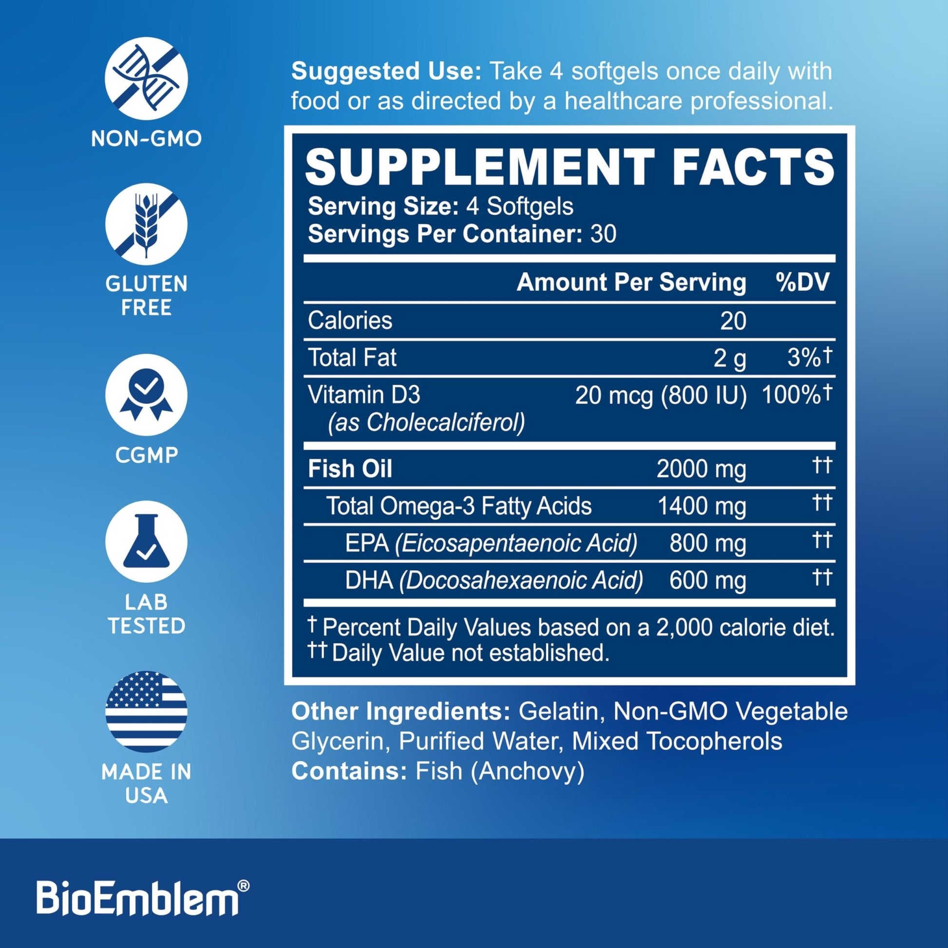 BioEmblem Omega-3 Fish Oil 2000mg - Small Size Softgels, High Absorption Form, Sustainable - 1400mg EPA &DHA Plus Vitamin D3, Non-GMO, Heart, Joint, & Brain Health Fish Oil Supplement, 120 Ct - dailyvitalstore