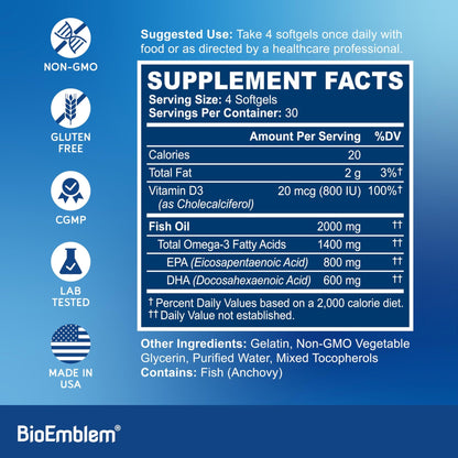 BioEmblem Omega-3 Fish Oil 2000mg - Small Size Softgels, High Absorption Form, Sustainable - 1400mg EPA &DHA Plus Vitamin D3, Non-GMO, Heart, Joint, & Brain Health Fish Oil Supplement, 120 Ct - dailyvitalstore