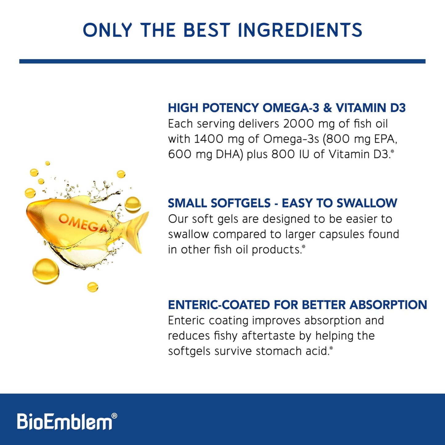 BioEmblem Omega-3 Fish Oil 2000mg - Small Size Softgels, High Absorption Form, Sustainable - 1400mg EPA &DHA Plus Vitamin D3, Non-GMO, Heart, Joint, & Brain Health Fish Oil Supplement, 120 Ct - dailyvitalstore