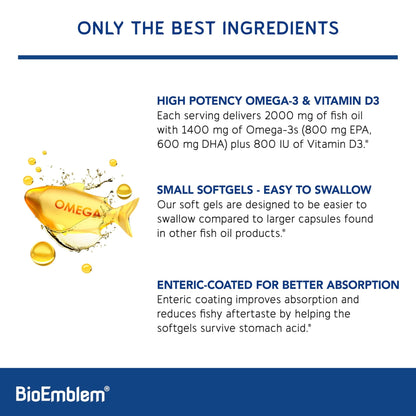BioEmblem Omega-3 Fish Oil 2000mg - Small Size Softgels, High Absorption Form, Sustainable - 1400mg EPA &DHA Plus Vitamin D3, Non-GMO, Heart, Joint, & Brain Health Fish Oil Supplement, 120 Ct - dailyvitalstore