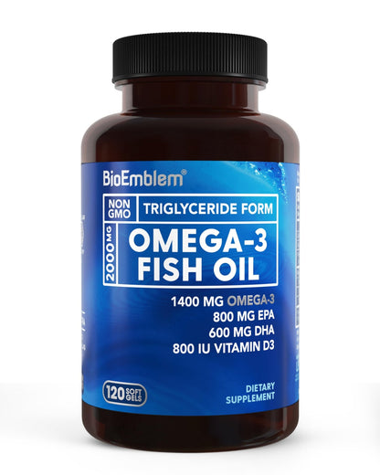 BioEmblem Omega-3 Fish Oil 2000mg - Small Size Softgels, High Absorption Form, Sustainable - 1400mg EPA &DHA Plus Vitamin D3, Non-GMO, Heart, Joint, & Brain Health Fish Oil Supplement, 120 Ct - dailyvitalstore