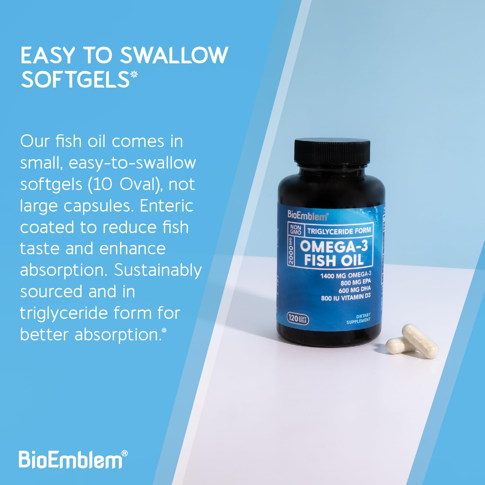 BioEmblem Omega-3 Fish Oil 2000mg - Small Size Softgels, High Absorption Form, Sustainable - 1400mg EPA &DHA Plus Vitamin D3, Non-GMO, Heart, Joint, & Brain Health Fish Oil Supplement, 120 Ct - dailyvitalstore