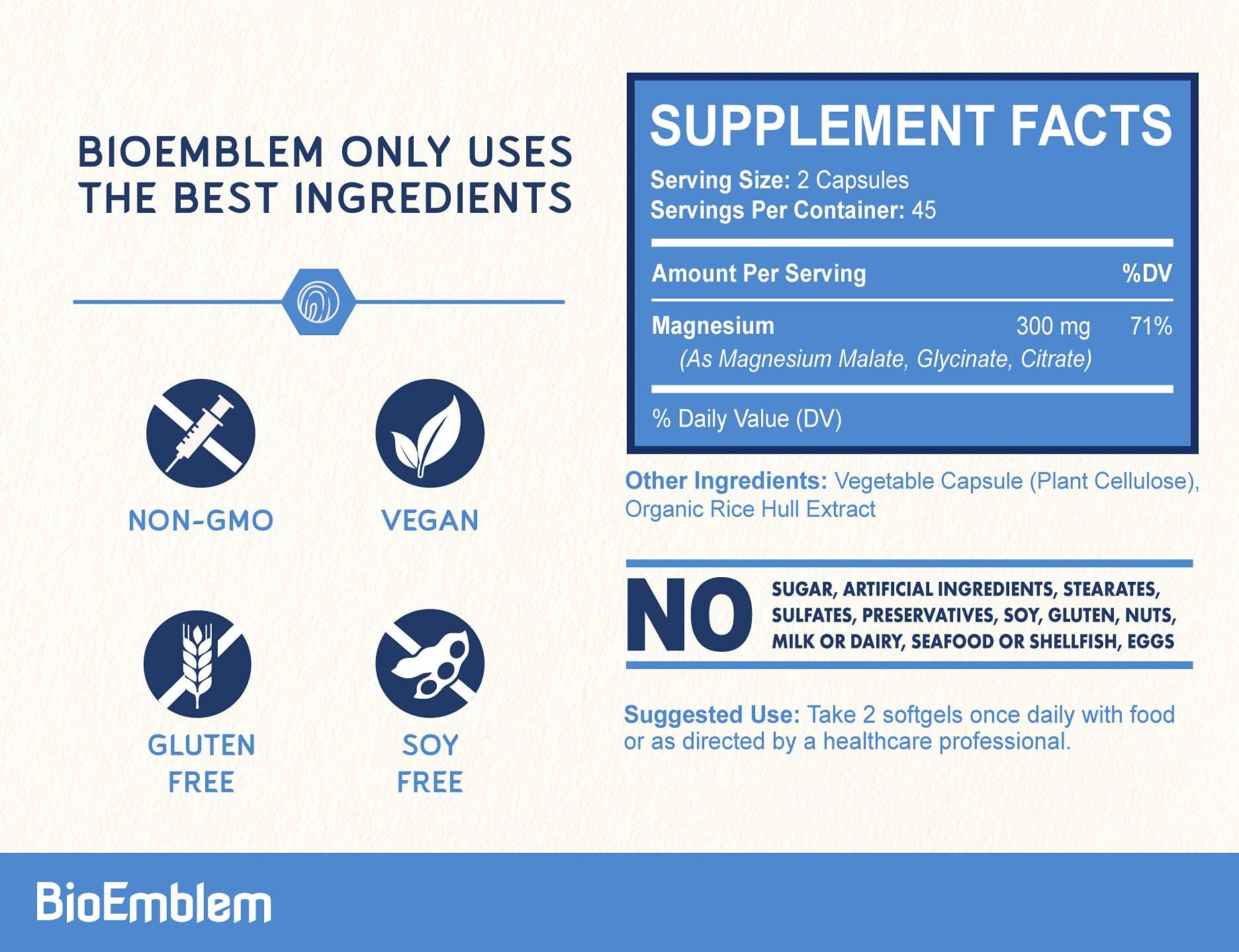 BioEmblem Triple Magnesium Complex | 300mg Magnesium Glycinate, Malate & Citrate | High Absorption Chelated Formula | Vegan, Non-GMO, Gluten-Free | 90 Capsules - dailyvitalstore