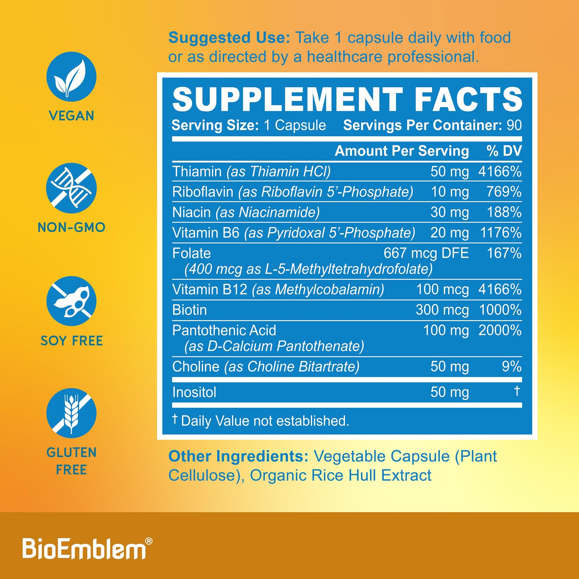 BioEmblem Vitamin B-Complex - All 8 Active Forms with Methyl Folate, Methyl B12, B6, Biotin Plus Choline Inositol, Supports Energy, Metabolism, Brain, Heart Health - dailyvitalstore