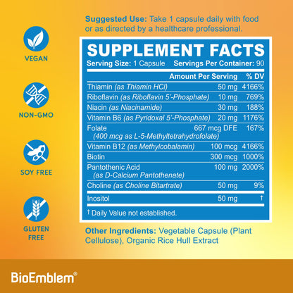 BioEmblem Vitamin B-Complex - All 8 Active Forms with Methyl Folate, Methyl B12, B6, Biotin Plus Choline Inositol, Supports Energy, Metabolism, Brain, Heart Health - dailyvitalstore