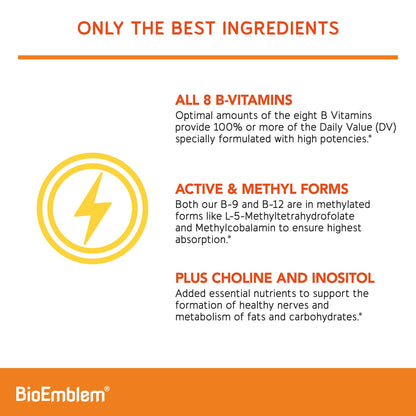BioEmblem Vitamin B-Complex - All 8 Active Forms with Methyl Folate, Methyl B12, B6, Biotin Plus Choline Inositol, Supports Energy, Metabolism, Brain, Heart Health - dailyvitalstore