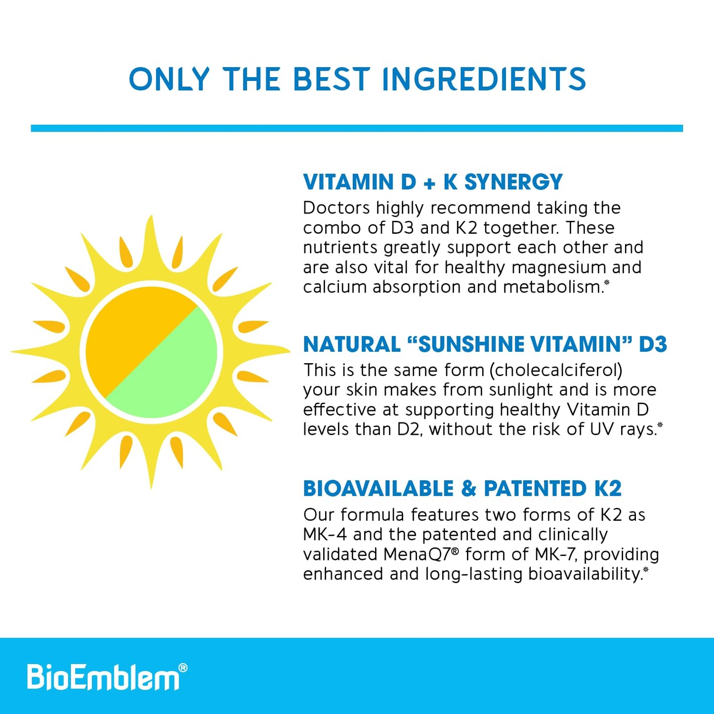 BioEmblem Vitamin D3 K2 Capsules (5000IU and 200mcg) - Patented MK7 and MK4 for 3-in-1 Complex Support - Vegetarian Vitamin D K2 Supplement for Teeth, Heart, Immune System - Non-GMO, 90 Caps - dailyvitalstore