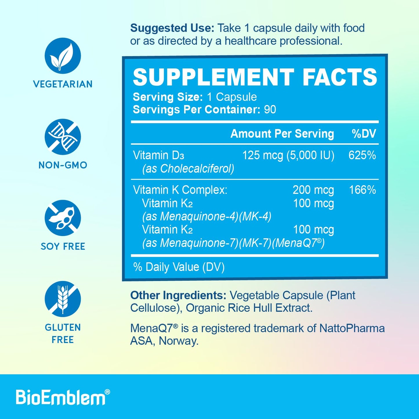BioEmblem Vitamin D3 K2 Capsules (5000IU and 200mcg) - Patented MK7 and MK4 for 3-in-1 Complex Support - Vegetarian Vitamin D K2 Supplement for Teeth, Heart, Immune System - Non-GMO, 90 Caps - dailyvitalstore