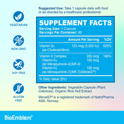 BioEmblem Vitamin D3 K2 Capsules (5000IU and 200mcg) - Patented MK7 and MK4 for 3-in-1 Complex Support - Vegetarian Vitamin D K2 Supplement for Teeth, Heart, Immune System - Non-GMO, 90 Caps - dailyvitalstore