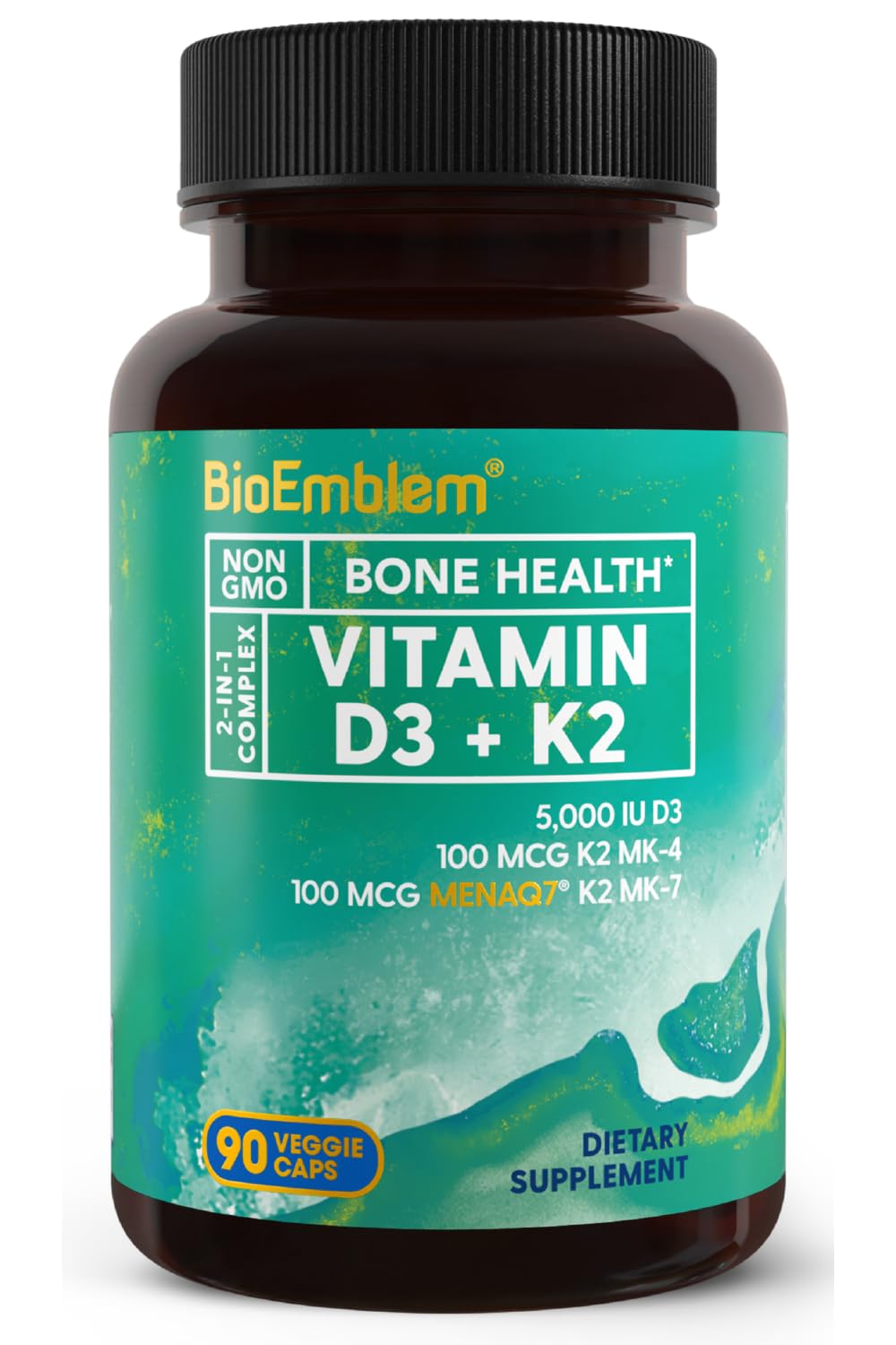 BioEmblem Vitamin D3 K2 Capsules (5000IU and 200mcg) - Patented MK7 and MK4 for 3-in-1 Complex Support - Vegetarian Vitamin D K2 Supplement for Teeth, Heart, Immune System - Non-GMO, 90 Caps - dailyvitalstore