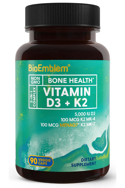 BioEmblem Vitamin D3 K2 Capsules (5000IU and 200mcg) - Patented MK7 and MK4 for 3-in-1 Complex Support - Vegetarian Vitamin D K2 Supplement for Teeth, Heart, Immune System - Non-GMO, 90 Caps - dailyvitalstore