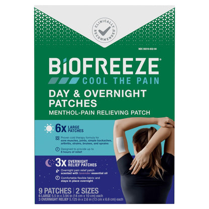 Biofreeze Day & Overnight Pain Relief Patches, Menthol Pain Patches for Arthritis & Muscle Pain Relief, Comfortable & Flexible Fabric Stays in Place, 9 Patches (6 Day, 3 Night) - dailyvitalstore