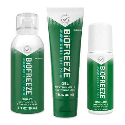 Biofreeze Spray, Gel, & Roll-On Pain Relief Variety Pack, Muscle Pain Relief, Arthritis Pain Reliver, Neck Pain Relief, Cooling Menthol Joint Pain Relief, 3 Fl Oz Spray, 3 Fl Oz Gel, 2.5 Fl Oz Roll On - dailyvitalstore