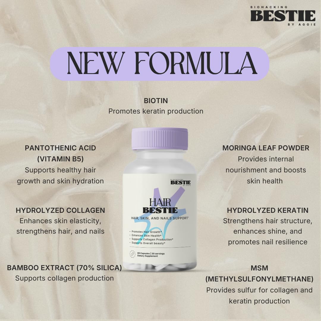 Biohacking Bestie Hair Bestie for Women & Men - Hair Growth Supplement with Biotin, Collagen, Vitamin B5, & Keratin, Support for Skin Health & Nails - 60 Capsules - dailyvitalstore