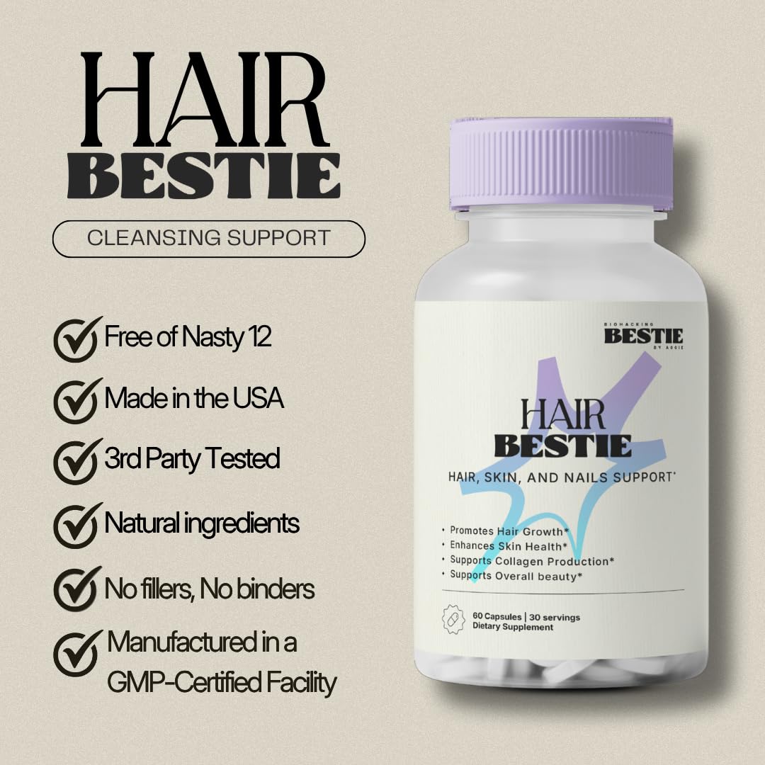 Biohacking Bestie Hair Bestie for Women & Men - Hair Growth Supplement with Biotin, Collagen, Vitamin B5, & Keratin, Support for Skin Health & Nails - 60 Capsules - dailyvitalstore