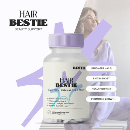 Biohacking Bestie Hair Bestie for Women & Men - Hair Growth Supplement with Biotin, Collagen, Vitamin B5, & Keratin, Support for Skin Health & Nails - 60 Capsules - dailyvitalstore