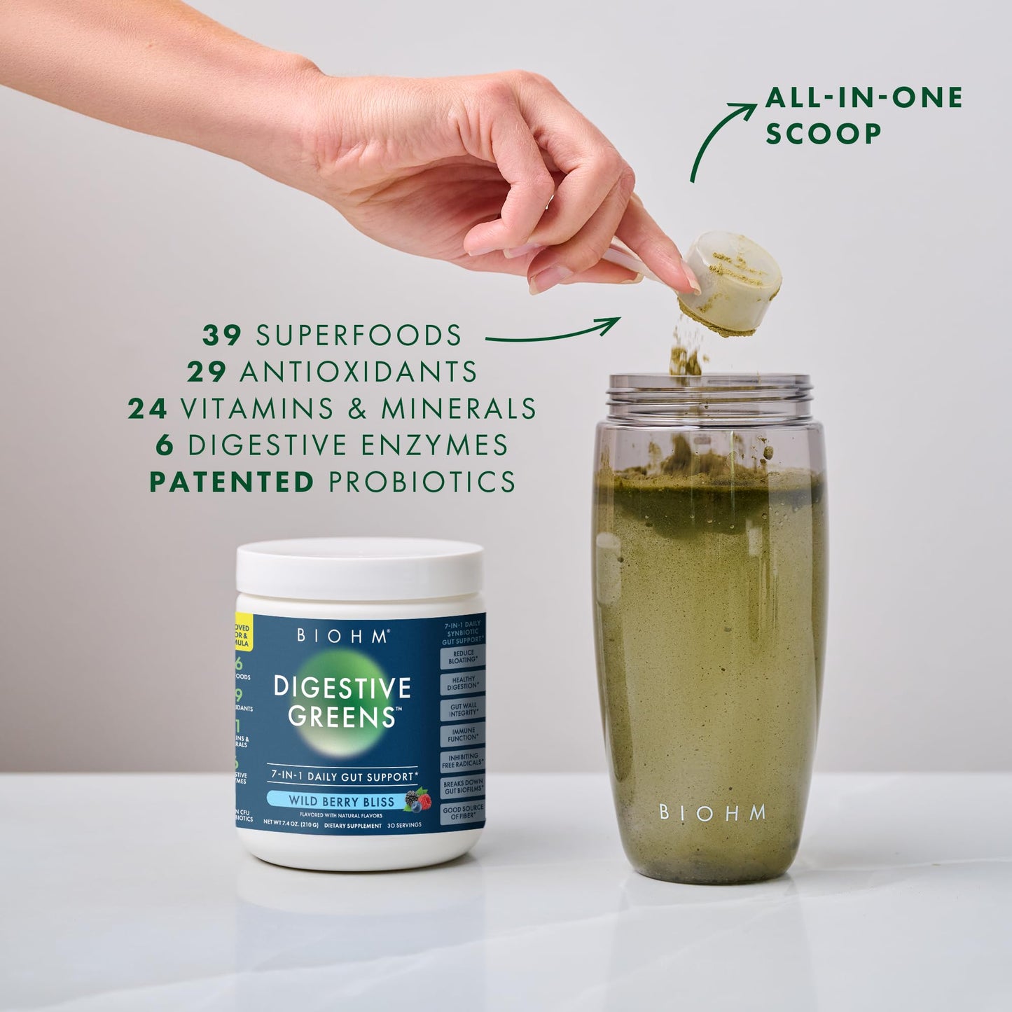 BIOHM Digestive Greens, Green Superfood Powder (7.4 Oz, 30 Servings) Immune & Gut Health Support with Antioxidants, Vitamins, Probiotics & Enzymes, Good Source of Fiber, Berry Flavor - dailyvitalstore