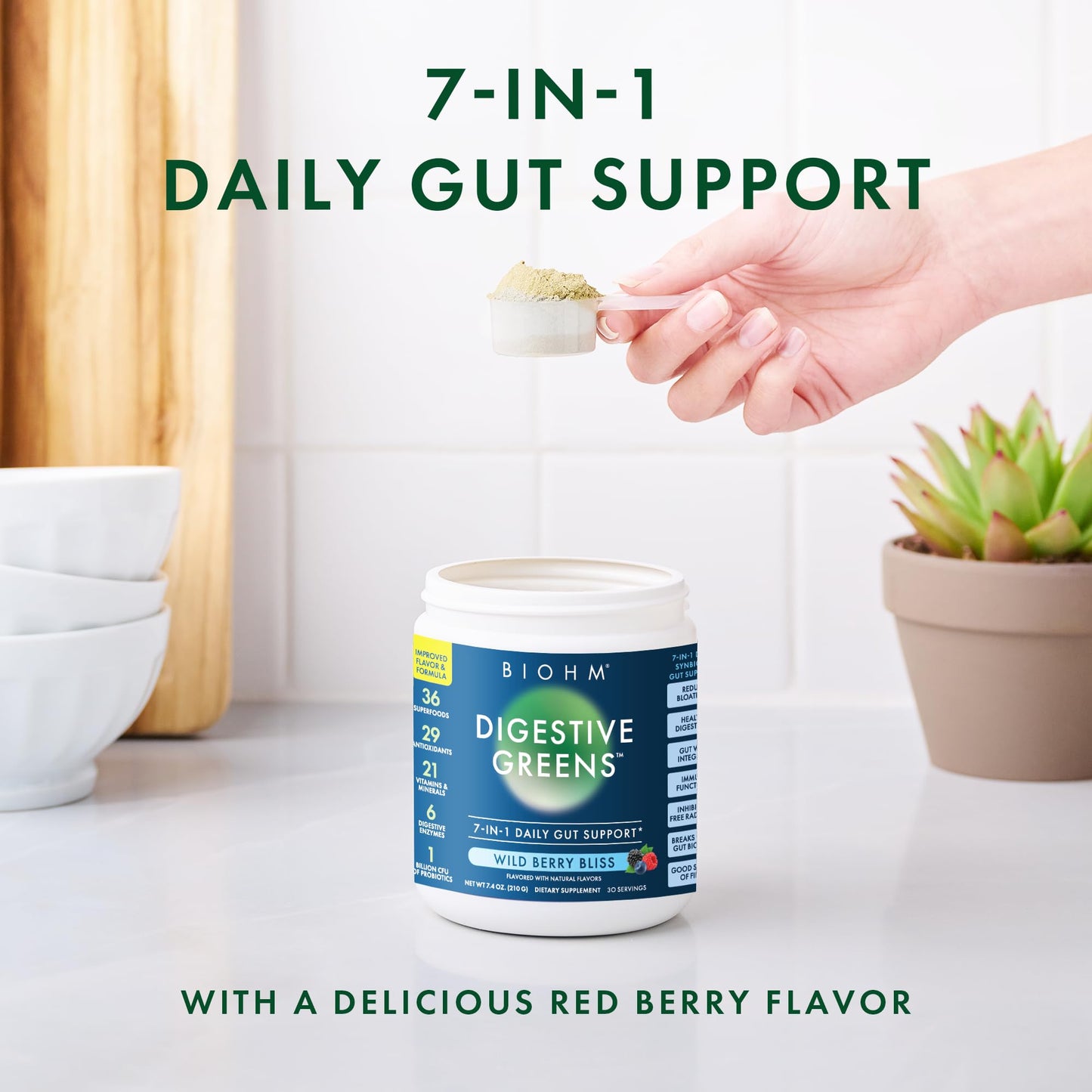 BIOHM Digestive Greens, Green Superfood Powder (7.4 Oz, 30 Servings) Immune & Gut Health Support with Antioxidants, Vitamins, Probiotics & Enzymes, Good Source of Fiber, Berry Flavor - dailyvitalstore