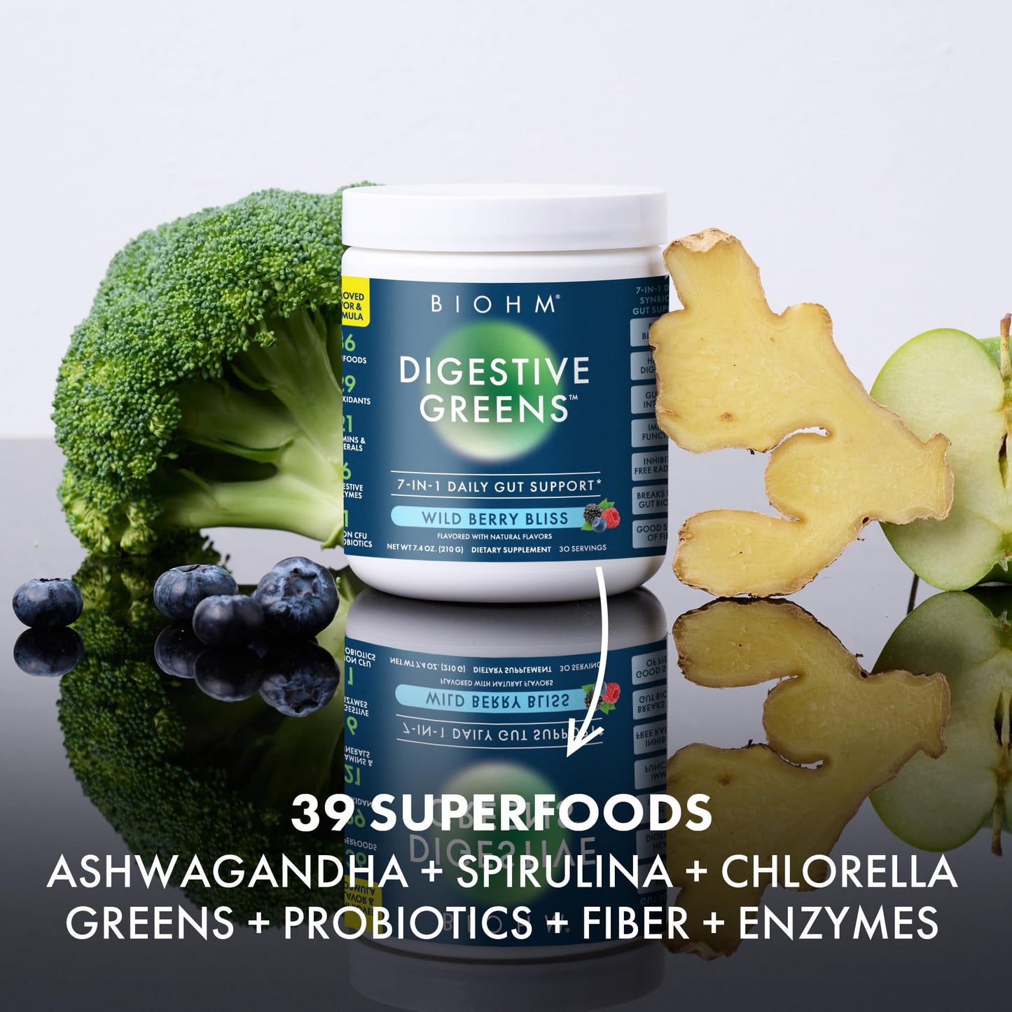 BIOHM Digestive Greens, Green Superfood Powder (7.4 Oz, 30 Servings) Immune & Gut Health Support with Antioxidants, Vitamins, Probiotics & Enzymes, Good Source of Fiber, Berry Flavor - dailyvitalstore