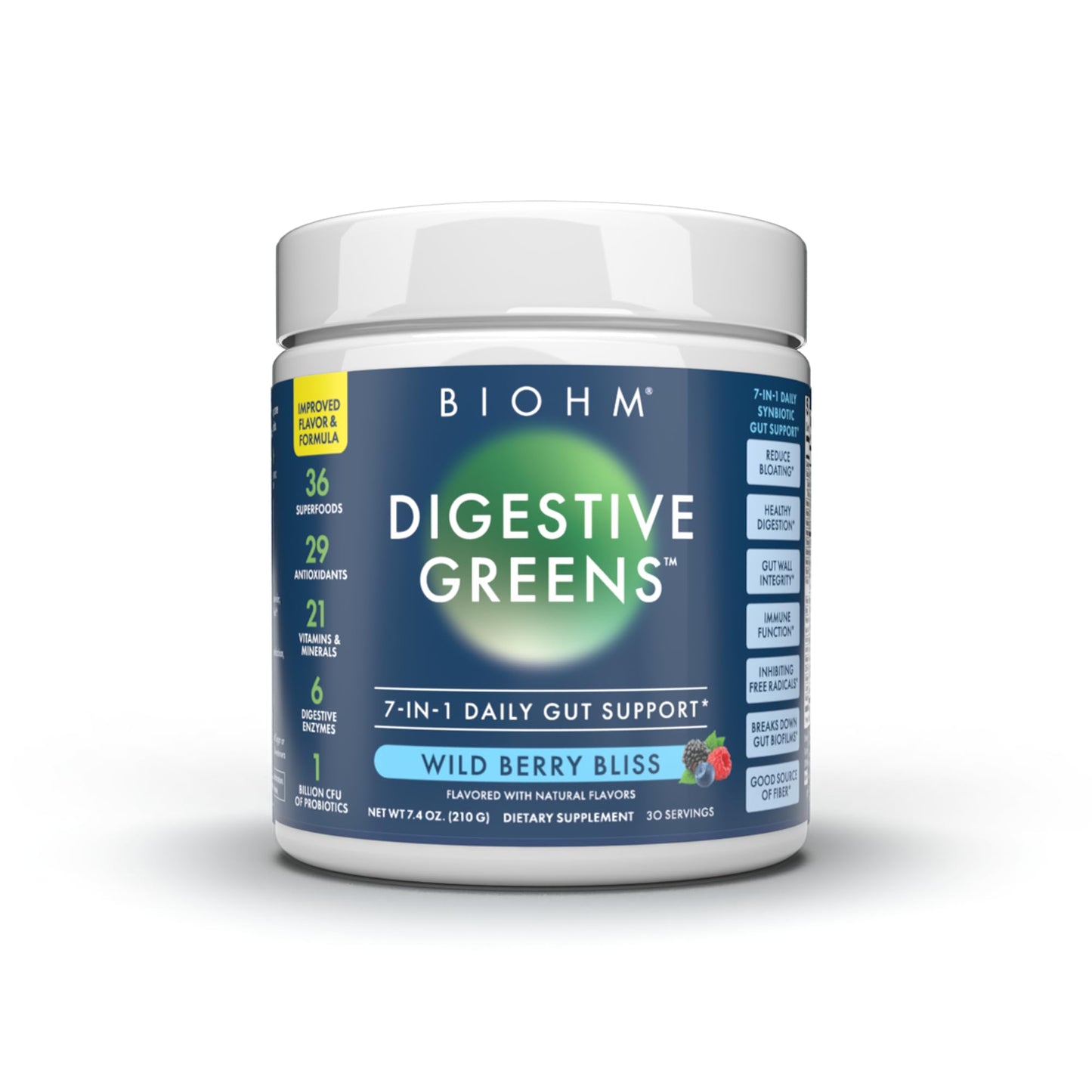 BIOHM Digestive Greens, Green Superfood Powder (7.4 Oz, 30 Servings) Immune & Gut Health Support with Antioxidants, Vitamins, Probiotics & Enzymes, Good Source of Fiber, Berry Flavor - dailyvitalstore