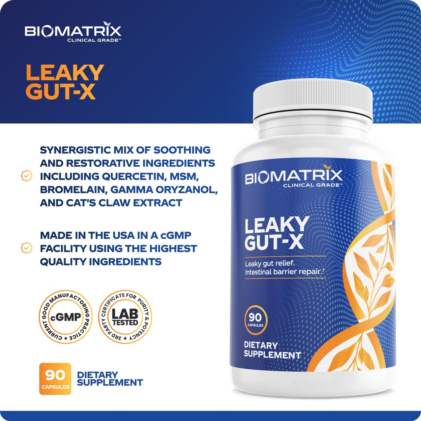 BioMatrix Leaky Gut Repair Supplement w/Glutamine, Quercetin, Cat's Claw, MSM, SIBO, Prebiotic Support, Intestinal Barrier Revive for Men and Women | 60-Day Supply – Leaky Gut-X - dailyvitalstore