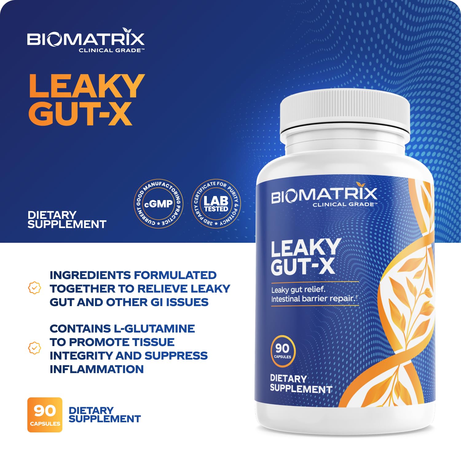 BioMatrix Leaky Gut Repair Supplement w/Glutamine, Quercetin, Cat's Claw, MSM, SIBO, Prebiotic Support, Intestinal Barrier Revive for Men and Women | 60-Day Supply – Leaky Gut-X - dailyvitalstore