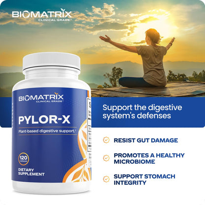 BioMatrix Pylor-X Gut Health Supplement – Mastic Gum, Berberine, Zinc Carnosine & Bismuth Salts for Gastric Support, Digestive Comfort, Stomach Lining Protection - (120 Capsules) 30-60 Day Supply - dailyvitalstore