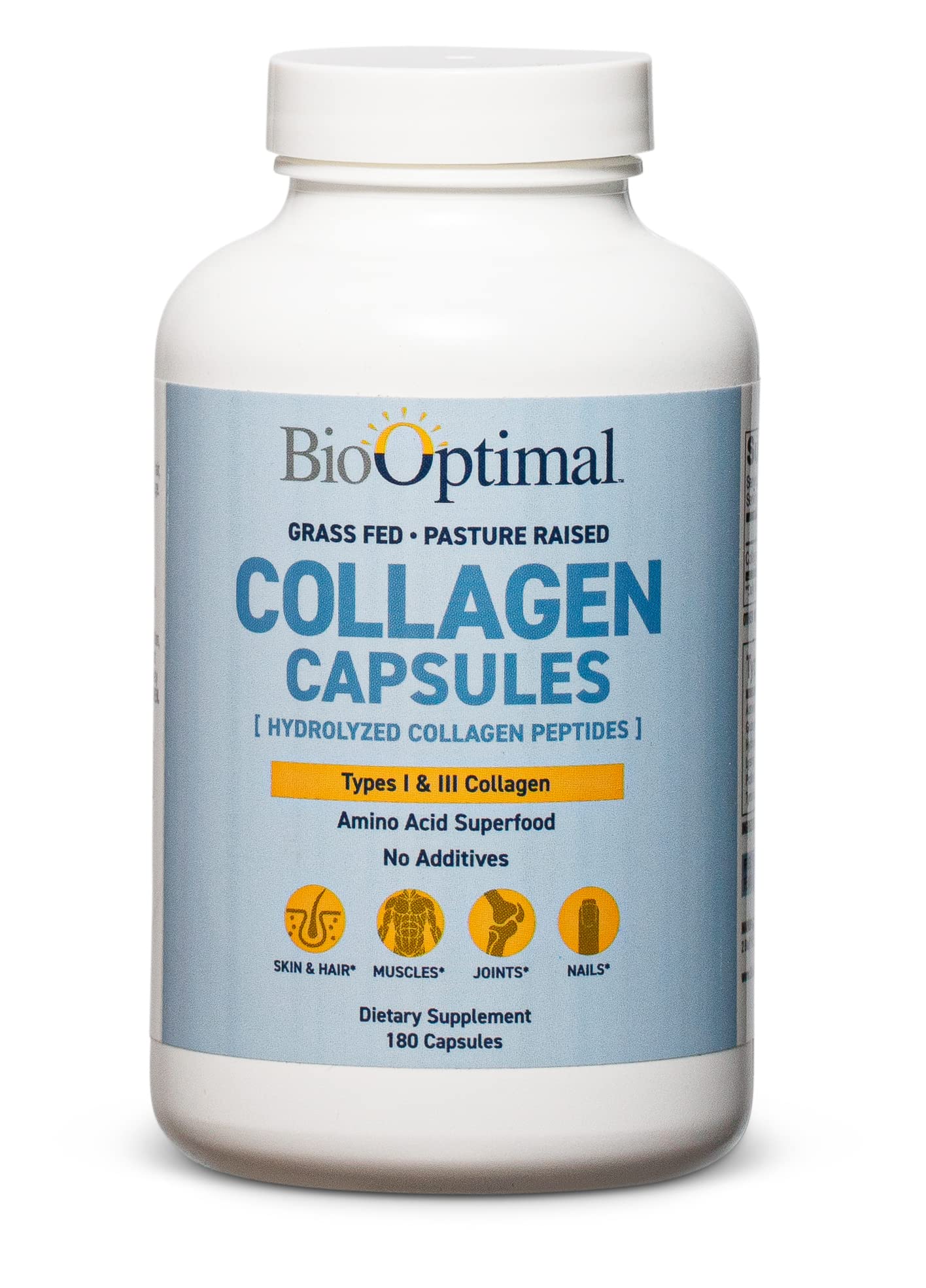 BioOptimal Collagen Peptides Capsules - Grass-Fed, Pasture-Raised Hydrolyzed Protein S]n-GMO, Zero Sugar Daily Pills for Men & Women (180 Capsules) - dailyvitalstore