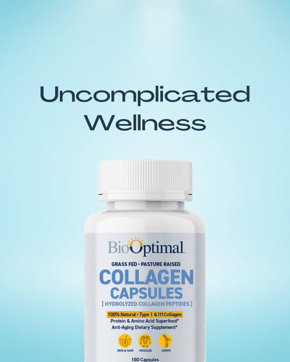 BioOptimal Collagen Peptides Capsules - Grass-Fed, Pasture-Raised Hydrolyzed Protein S]n-GMO, Zero Sugar Daily Pills for Men & Women (180 Capsules) - dailyvitalstore