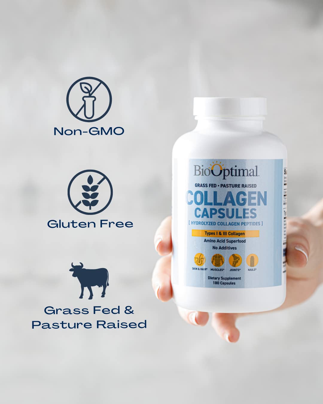 BioOptimal Collagen Peptides Capsules - Grass-Fed, Pasture-Raised Hydrolyzed Protein S]n-GMO, Zero Sugar Daily Pills for Men & Women (180 Capsules) - dailyvitalstore