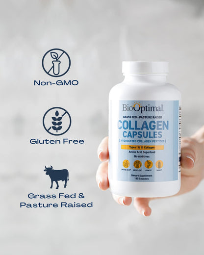 BioOptimal Collagen Peptides Capsules - Grass-Fed, Pasture-Raised Hydrolyzed Protein S]n-GMO, Zero Sugar Daily Pills for Men & Women (180 Capsules) - dailyvitalstore