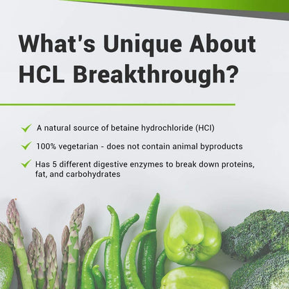 BIOptimizers HCL Breakthrough - Betaine Hydrochloride Enzymes Supplement - Assists with Protein Breakdown and Absorption - Helps Gas and Heartburn Relief - dailyvitalstore