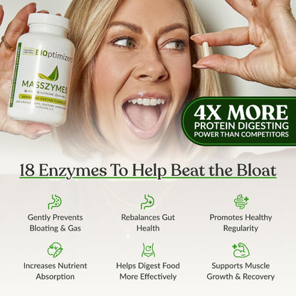 BiOptimizers MassZymes - Complete Digestive Enzymes Supplement for Gut Health - Bloating Relief for Men and Women - Lipase Amylase Bromelain - dailyvitalstore