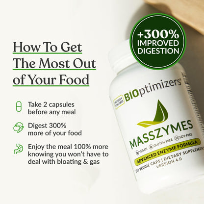 BiOptimizers MassZymes - Complete Digestive Enzymes Supplement for Gut Health - Bloating Relief for Men and Women - Lipase Amylase Bromelain - dailyvitalstore