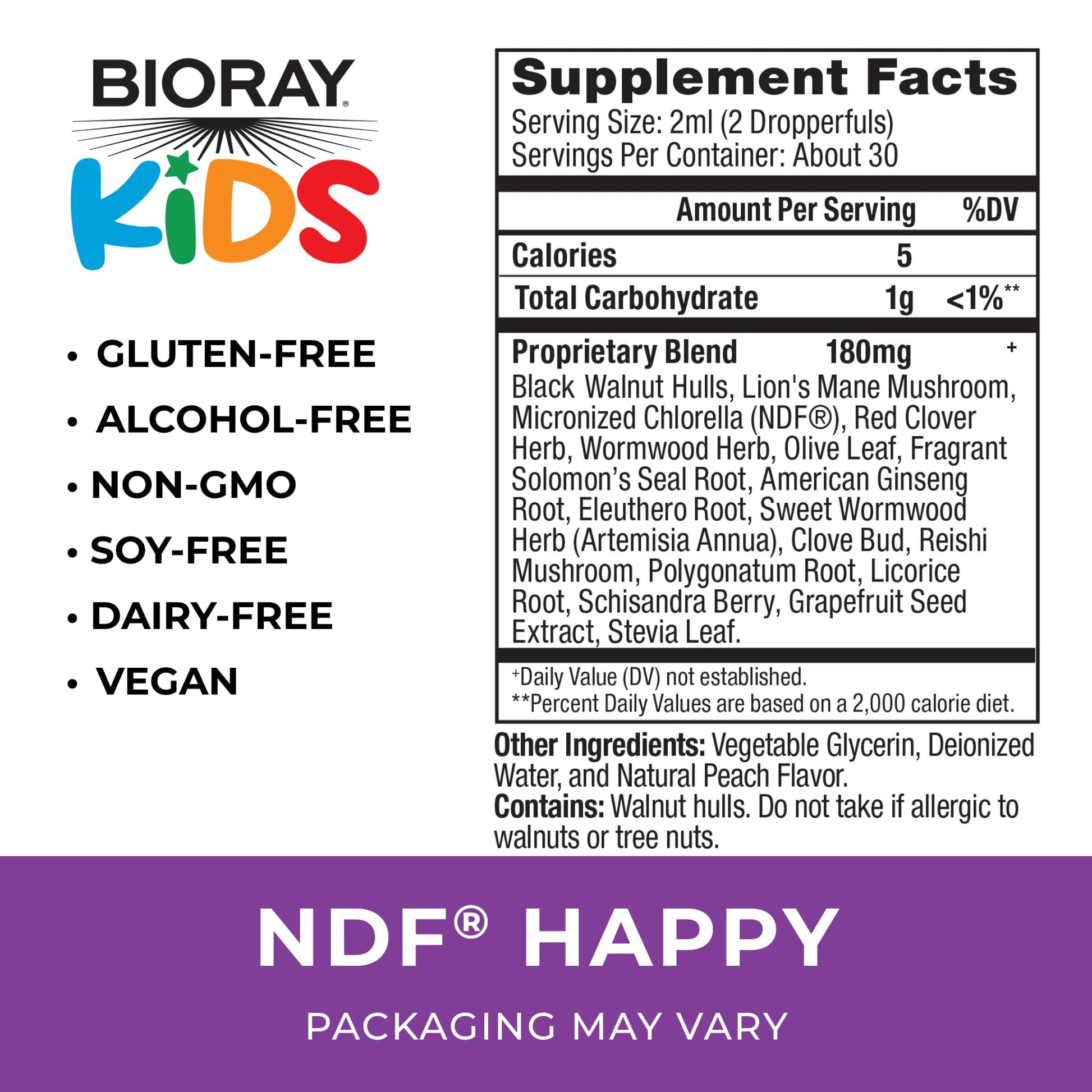 BIORAY Kids NDF Happy, Peach - 2 fl oz - Removes Unwanted Organisms That Can Trigger Irritability - 1-2 Month Supply - dailyvitalstore