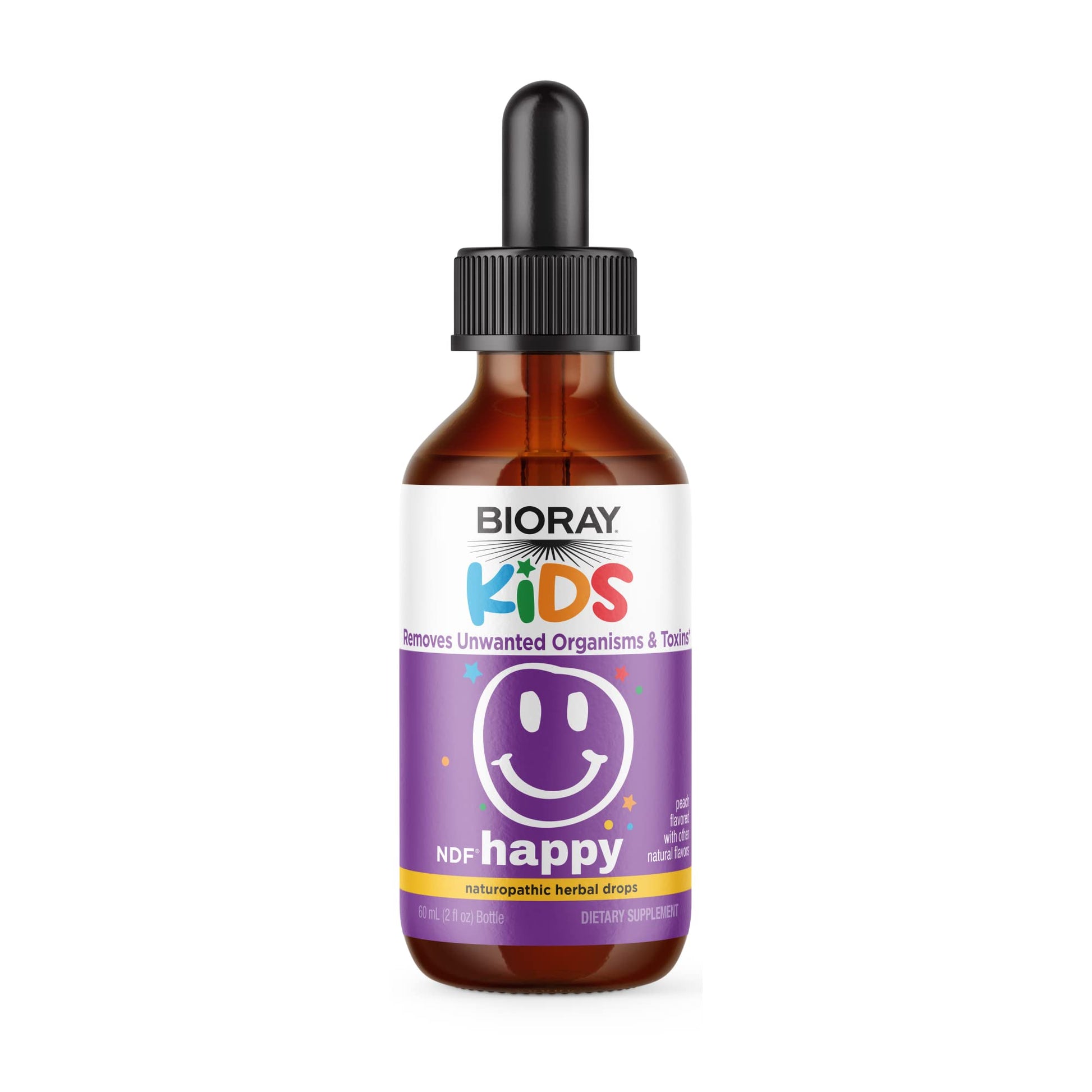 BIORAY Kids NDF Happy, Peach - 2 fl oz - Removes Unwanted Organisms That Can Trigger Irritability - 1-2 Month Supply - dailyvitalstore